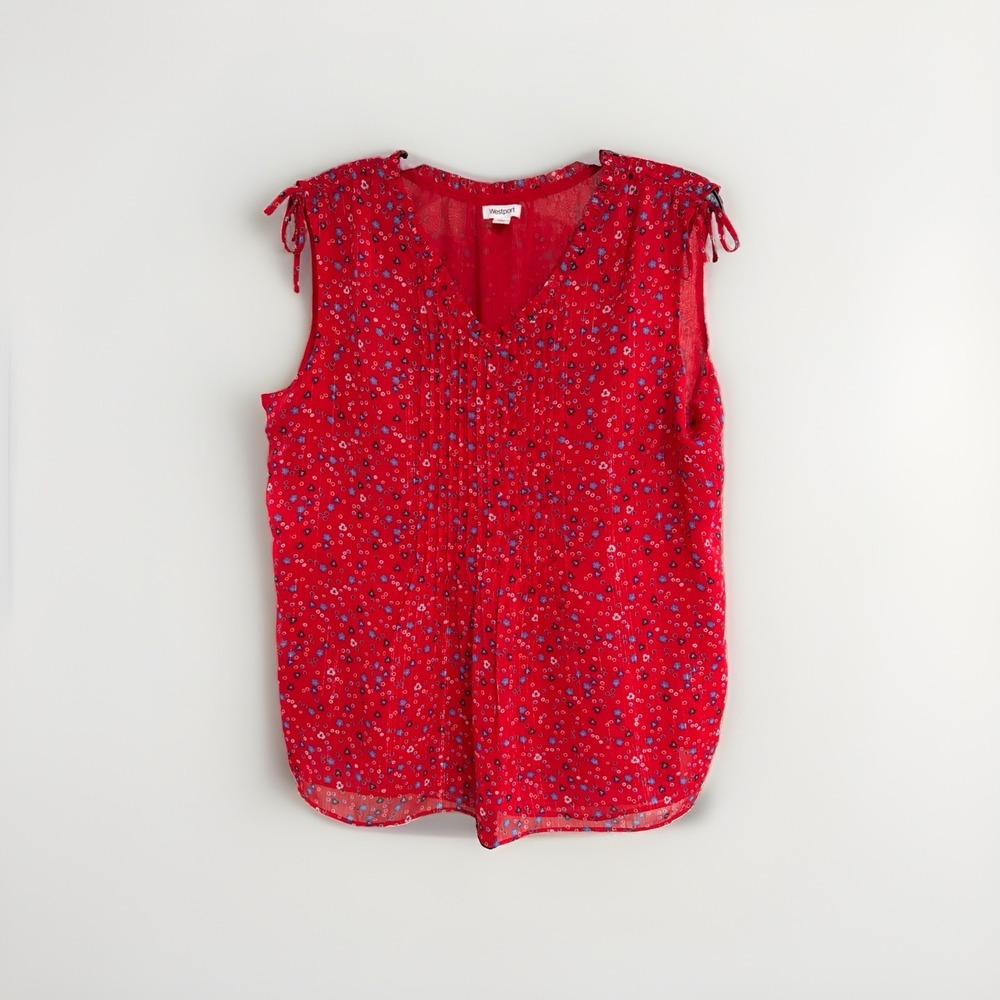 westport womens blouse shirt top red blue sparkle babydoll LARGE EUC W89